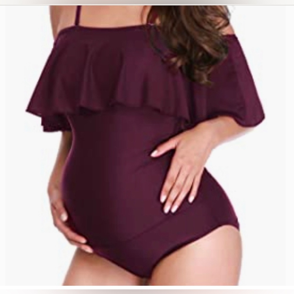 🆕 Burgundy off the shoulder one piece maternity swimsuit